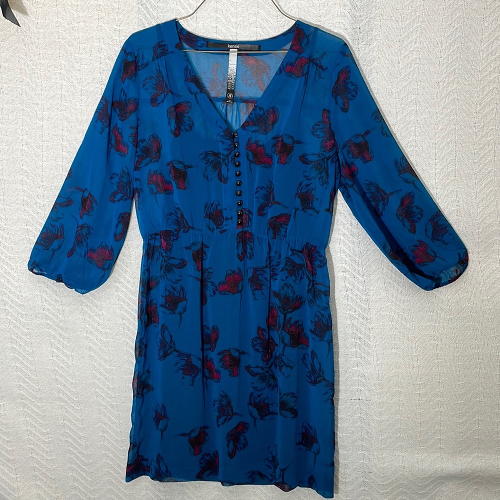 KENSIE Teal Blue Sheer Dress Floral overlay with a black under slip